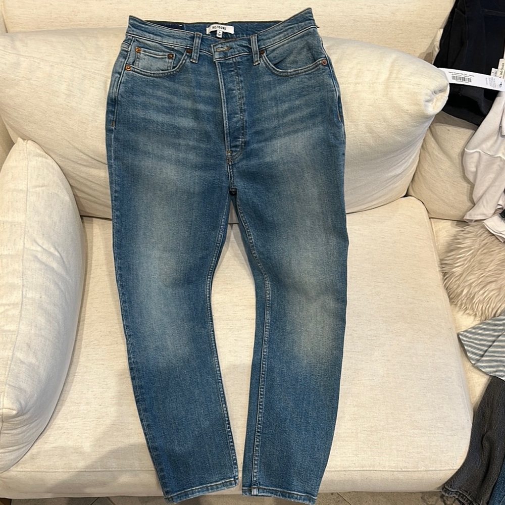 RE/DONE 90s High Rise Ankle Crop Classic Faded Blue Denim Jeans (Button fly)